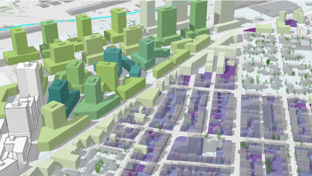 Budynki 3D w kolorze zielonym i fioletowym reprezentujące przezroczyste obwiednie pokazujące maksymalną wysokość zabudowy