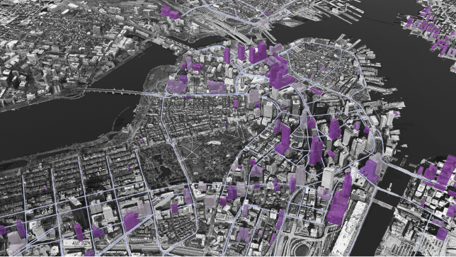 Imagens 3D em preto e branco das estradas e edifícios de uma cidade com projetos de construção selecionados destacados em roxo 