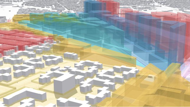 Разноцветное изображение 3D-зданий, представляющих собой прозрачные 3D-оболочки, показывающие максимальную высоту застройки в районе