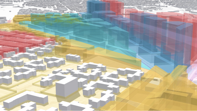 Imagen multicolor de edificios 3D que representan cubiertas 3D transparentes con la máxima altura de edificación permitida en un vecindario