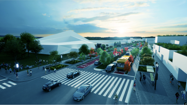 Uma paisagem urbana virtual com uma estrada, carros e prédios brancos representando uma nova proposta de construção 
