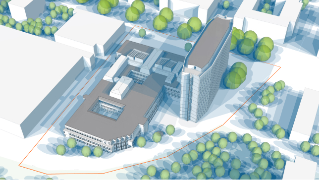 : A digital rendering of buildings and green trees representing a study area for a new development project