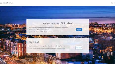 A experiência inicial do ArcGIS Urban com caixas pop-up brancas e texto com o plano de fundo de uma cidade à noite