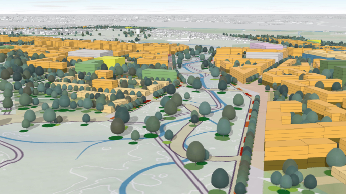 A 3D city model showing highlighted building projects in green and red and gray clustered buildings near a body of water