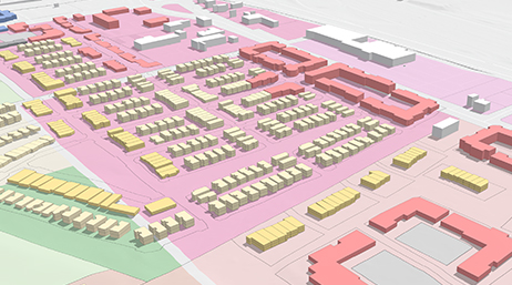 Aerial image of a 3D city model in pink and yellow