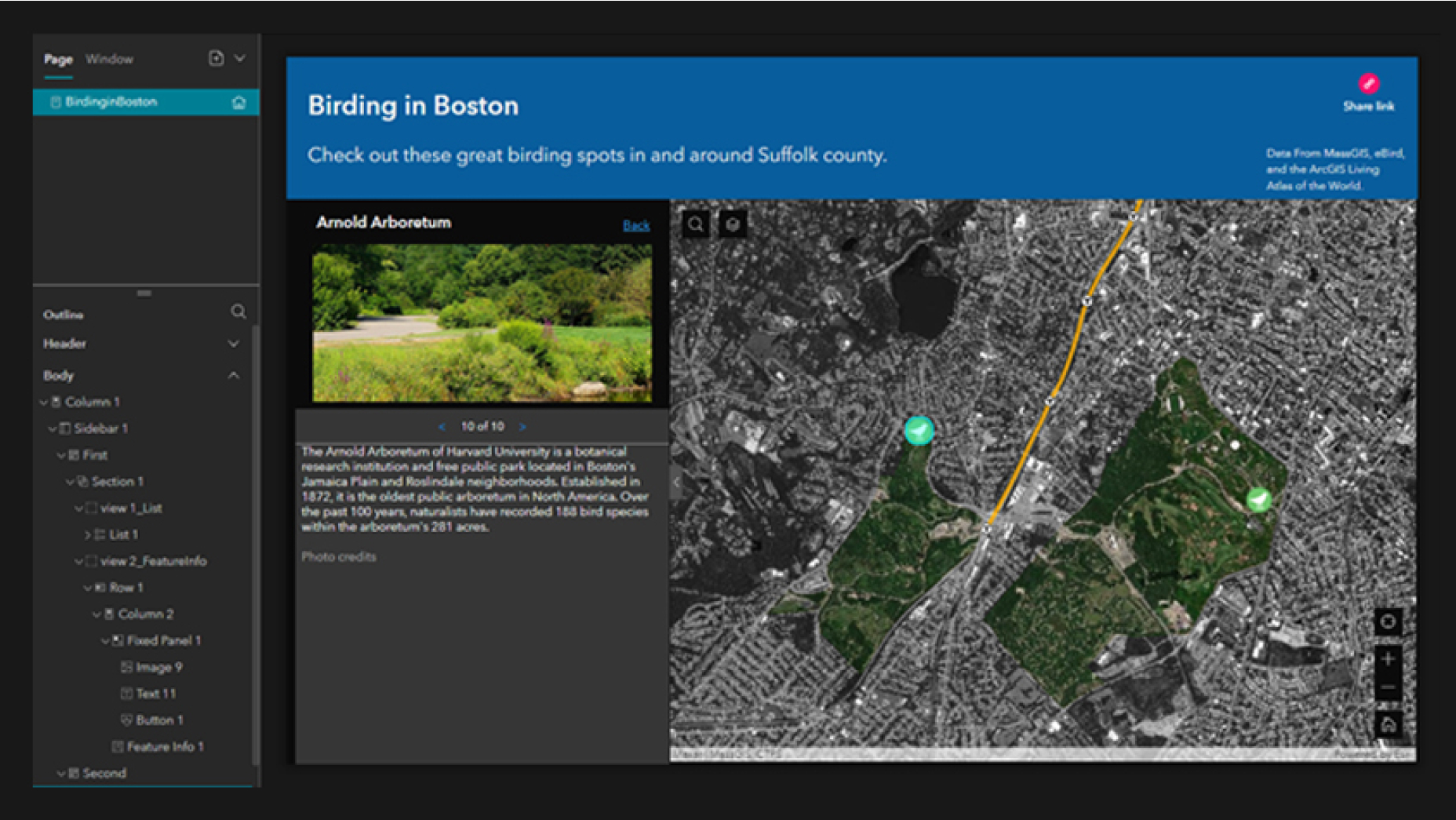 Um mapa da cidade e uma imagem de vegetação em uma página Birding in Boston no aplicativo Experience Builder