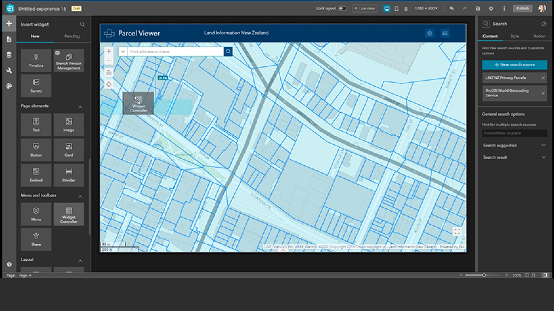 A widget dragged onto a Land Information New Zealand blue map