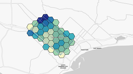 A map of Santa Barbara, California, with an area highlighted with different colors of hexagons