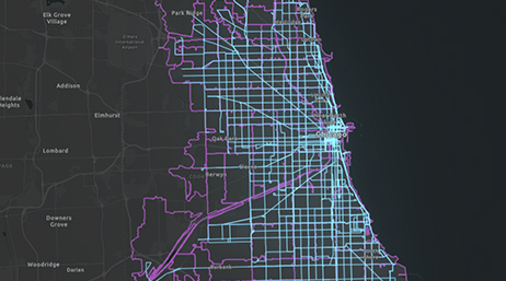 Mapa de Chicago, Illinois, y sus alrededores con líneas moradas y azules que delimitan las calles