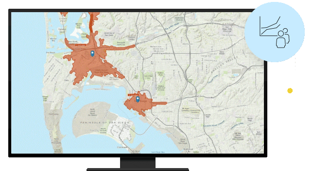 대화형 도로 맵과 인구 통계 프로필 데이터를 보여주는 컴퓨터 모니터
