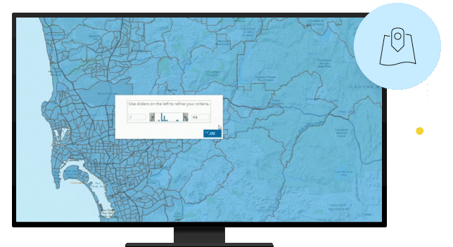 베이지 색으로 다양한 구역을 강조한 파란색의 대화형 맵을 보여주는 컴퓨터 모니터 