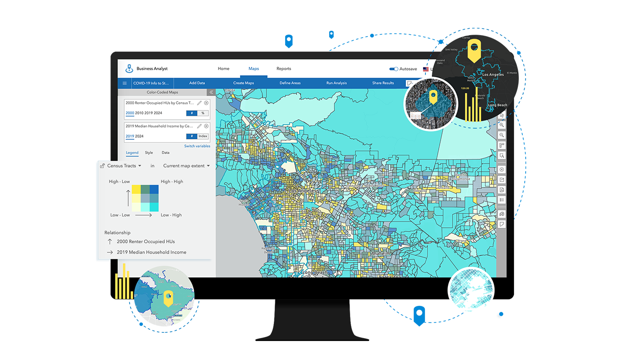 색으로 구분된 맵과 Business Analyst 인터페이스를 보여주는 노트북