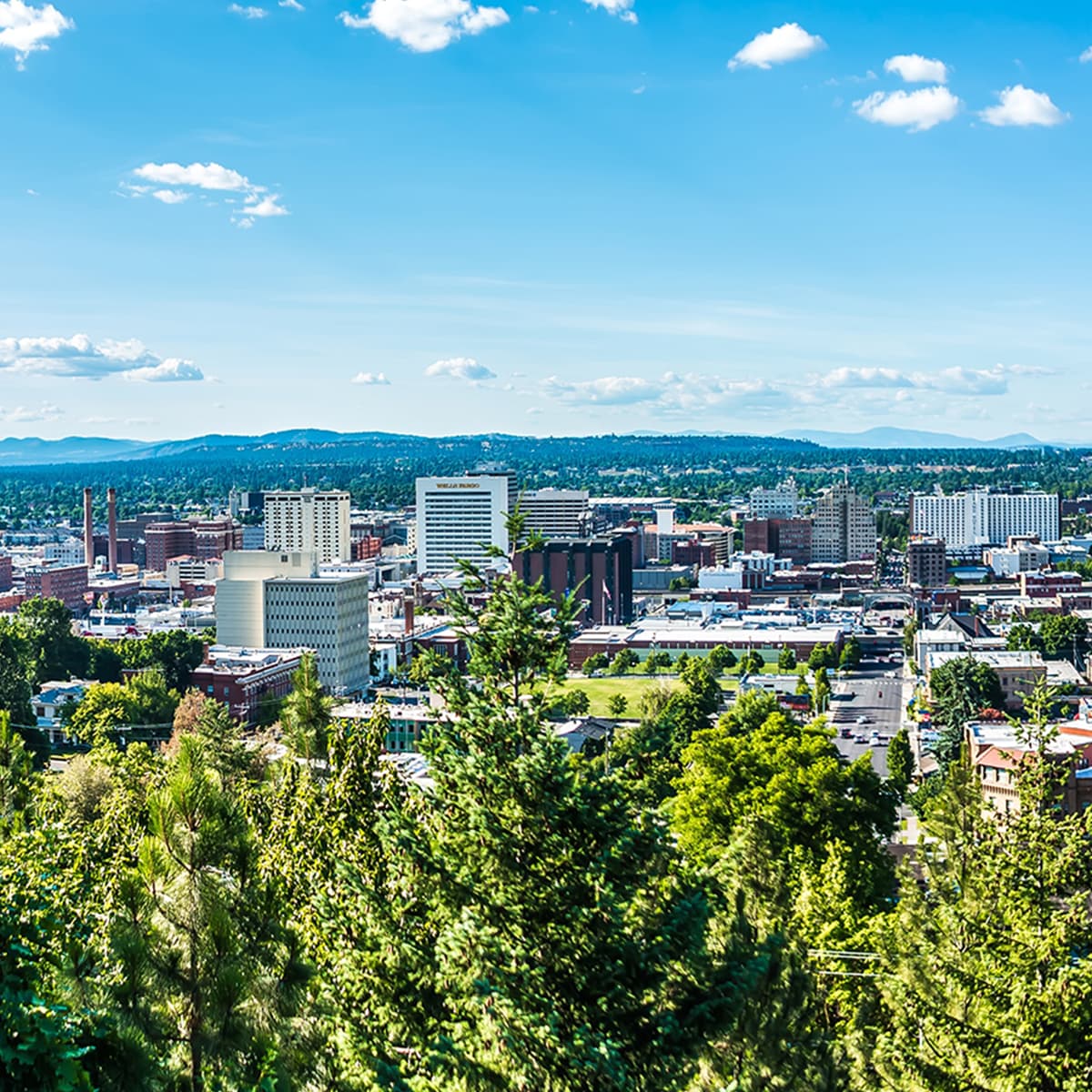 A cityscape with trees in the foreground and mountains across the horizon against a bright blue sky with clouds