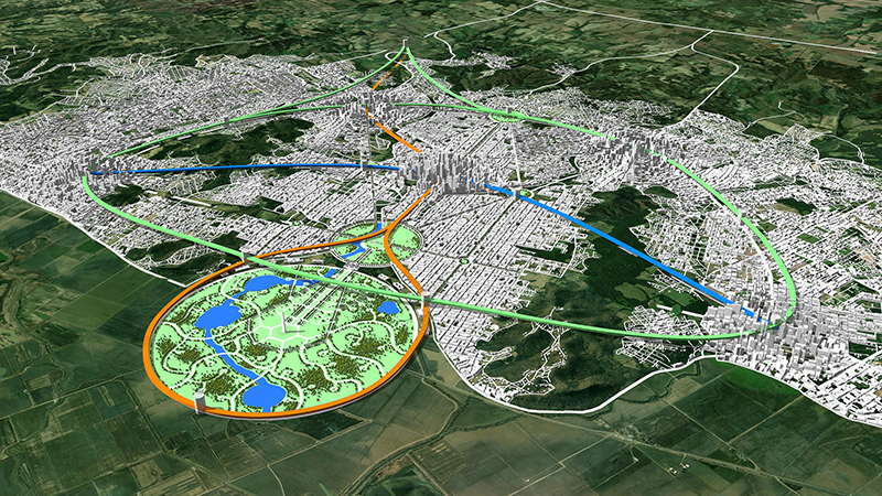 Digital modellierte und dicht bebaute Stadt aus der Vogelperspektive, durch die eine orangefarbene und eine blaue Linie verlaufen und die von einer grünen Linie umkreist wird