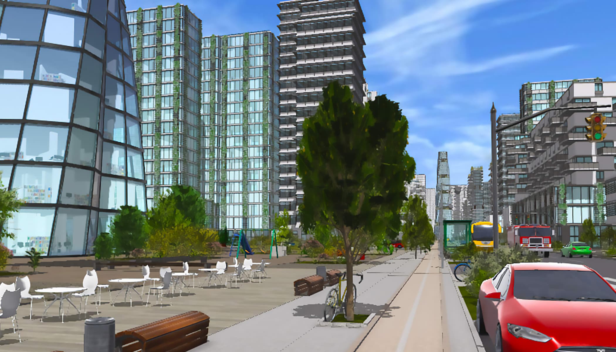 A digital rendering of a street scene with tall buildings and trees, and a red car parked in the foreground