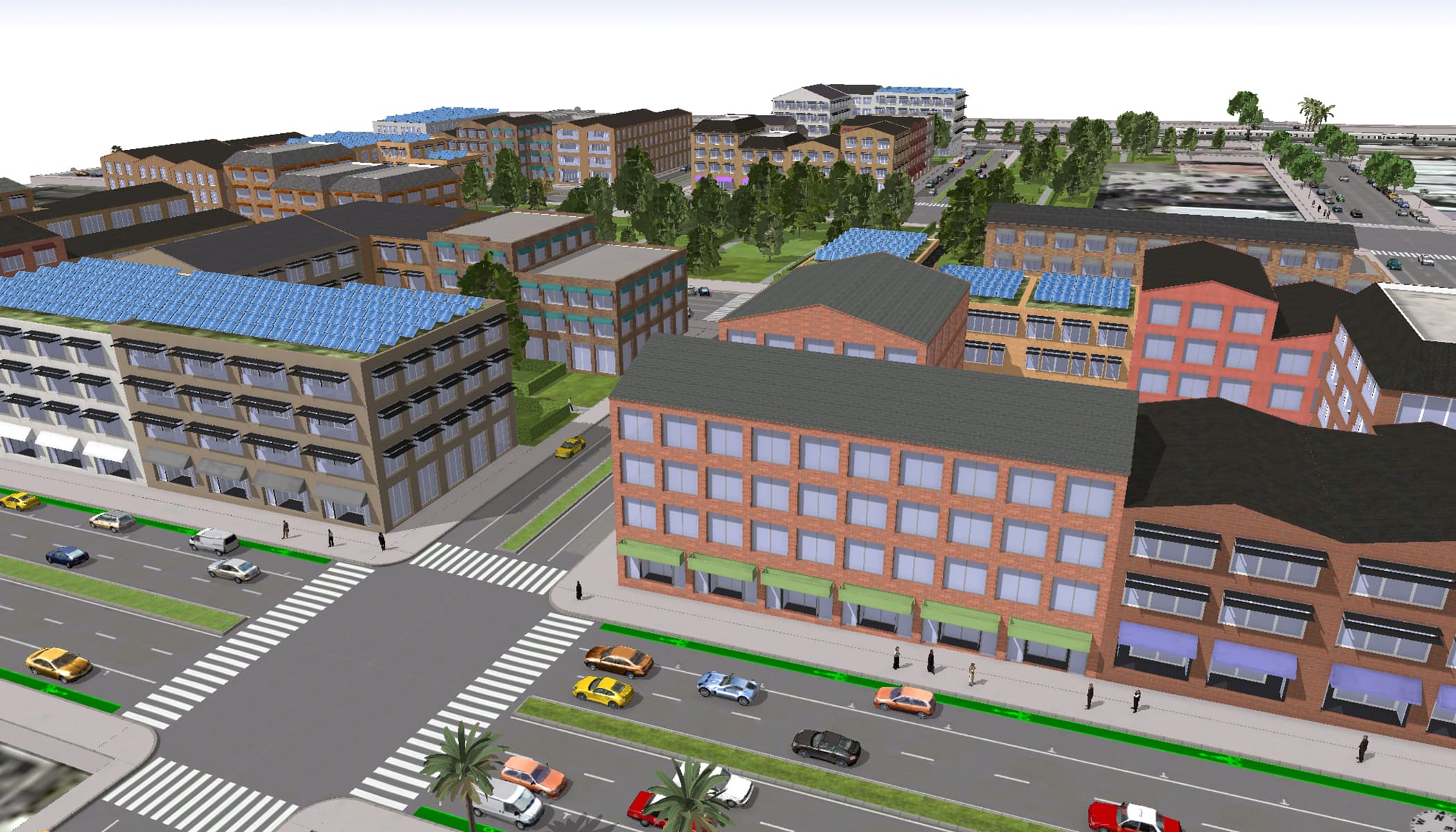 A 3D rendering of a city block with buildings, cars, and pedestrians