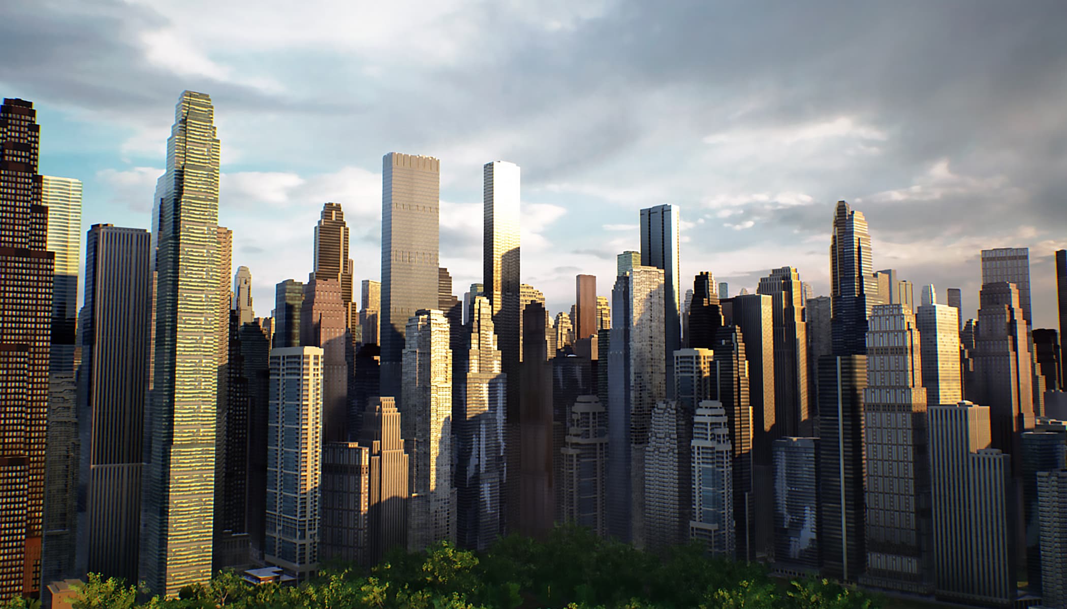 A dense cityscape of skyscrapers in sun and shadows against a vibrant cloudy sky