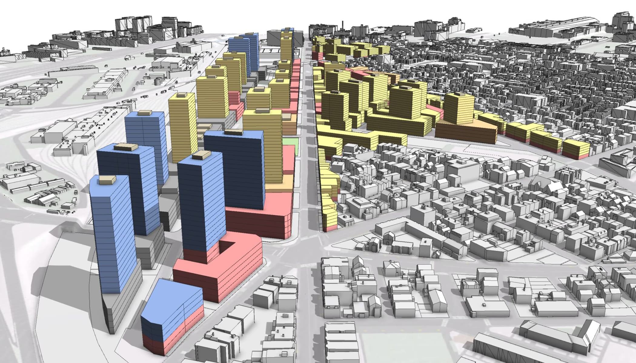 A 3D model of a city with tall building shapes in blue, yellow, and red