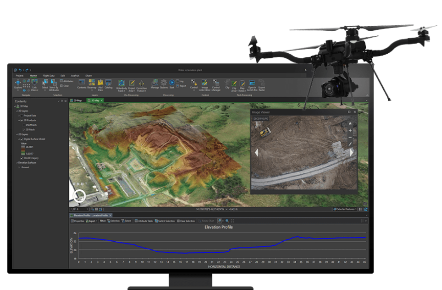 Linhas de topografia no plano de fundo, tela da área de trabalho mostrando a análise volumétrica realizada nos dados coletados pelo drone, drone voando em primeiro plano