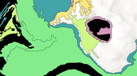 Mappa di un paese stilizzata con regioni in sfumate in verde menta, blu e giallo