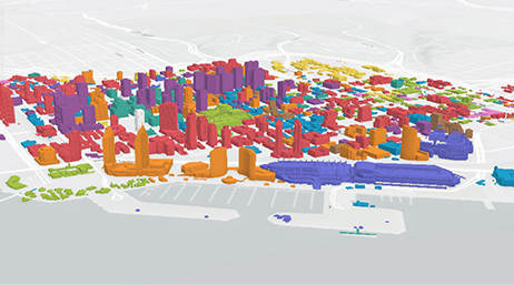 A 3D model of downtown San Diego, California, with buildings shaded in red, orange, green, blue, and purple