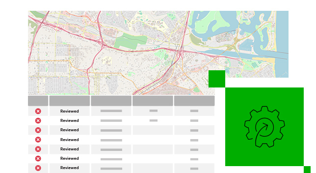 خريطة شارع في ArcGIS Pro مع جدول يكتشف أخطاء البيانات وأيقونة تدوير الترس