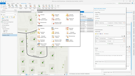 表示包含校验的 ArcGIS Data Reviewer 地图的图像和文本的屏幕截图