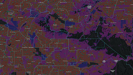 Mapa stanu z dystryktami obramowanymi na biało na brązowym i fioletowym tle