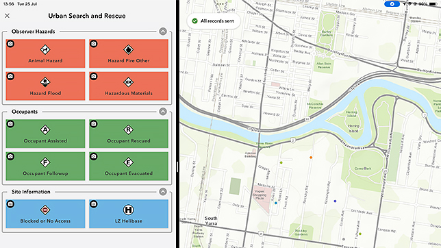 Plan de ville en bleu et vert clair avec un menu d’application de collecte de données sur le terrain
