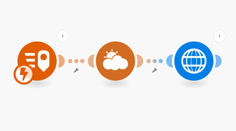 Una ilustración de tres iconos que representan un flujo de trabajo que integra datos meteorológicos con ArcGIS QuickCapture 
