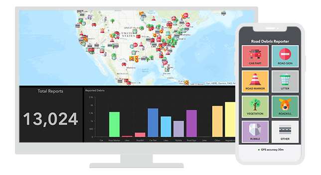 Gráfico de un monitor en el que se muestra un cuadro de mando de un mapa y un gráfico, con un diseño de smartphone en el que aparece una aplicación llamada “Road Debris Reporter”