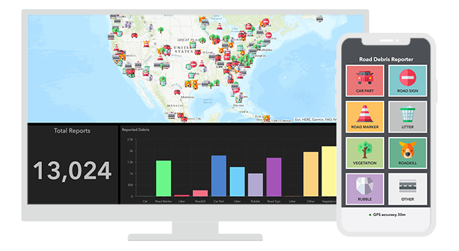 Image d’un écran affichant un tableau de bord comportant une carte et un graphique, avec un écran de smartphone affichant une application de signalement de débris sur la chaussée