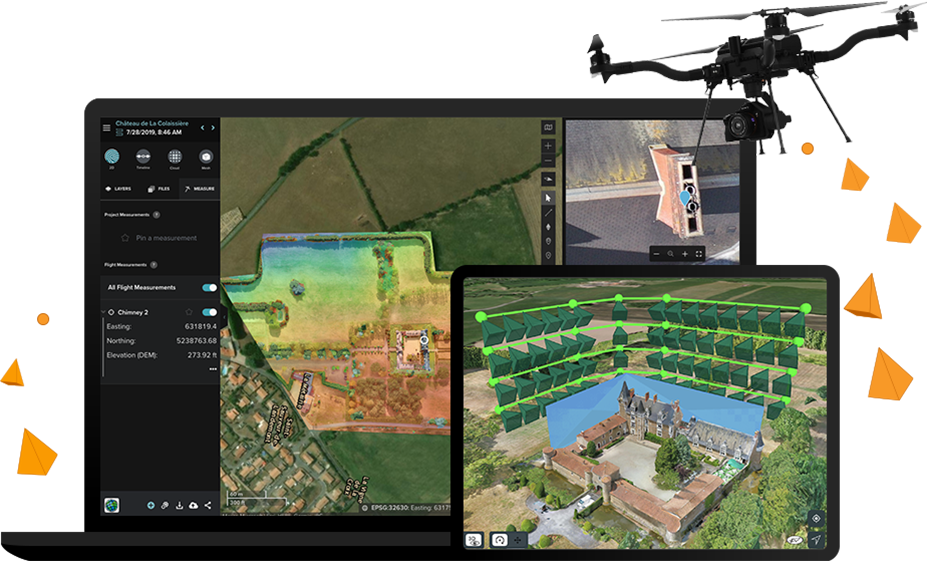 Computer laptop che analizza le immagini dal drone di un castello e un iPad che mostra la traiettoria di volo di un drone attorno al castello