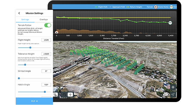 비행 프로파일 뷰를 표시하는 터레인 추적 기능이 활성화된 비행 계획을 보여주는 iPad 화면 