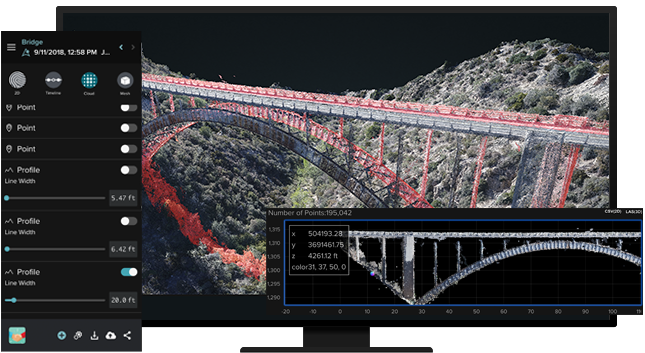 Ekran komputera przedstawiający chmurę punktów mostu i menu paska bocznego narzędzi do analizy 
