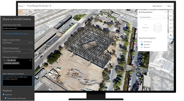 사이드바에서 ArcGIS Online에 공유하기 위한 BIM 모델 및 옵션이 있는 건설 현장 이미지 프로젝트를 보여주는 데스크톱 화면 