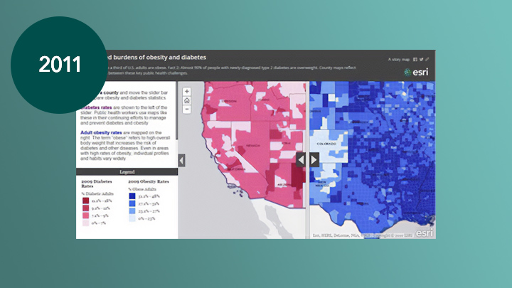 Schermo che visualizza una mappa rosa e blu che mostra i tassi di diabete e obesità insieme a grafici e dati