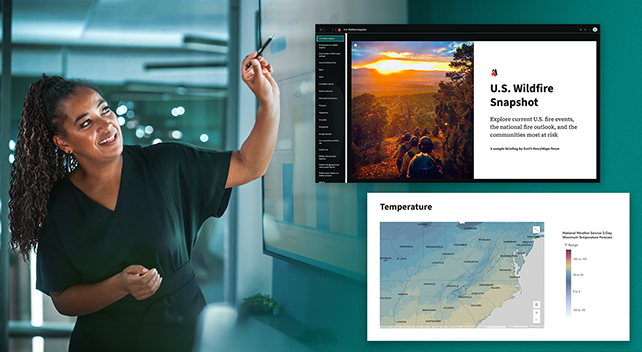一个人在办公室中指着演示屏幕上的图表，上方叠加 ArcGIS StoryMaps 界面的两个屏幕截图 