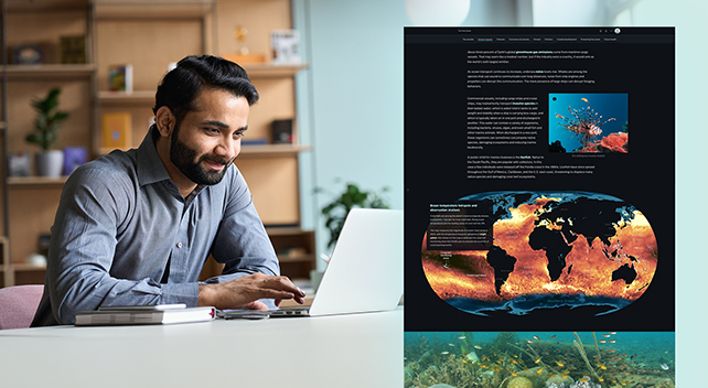 A person sitting at a table and using a laptop in a light-filled room overlaid with an ArcGIS StoryMaps interface