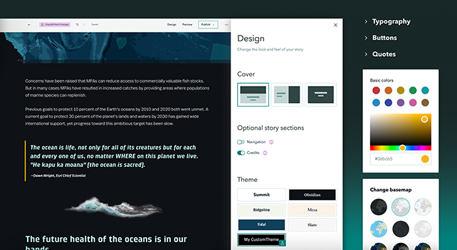 さまざまなデザインのオプションを表示するメニュー パネルの横に、ストーリーを表示している ArcGIS StoryMaps インターフェイスのスクリーンショット