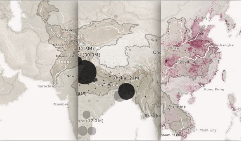 Trois images de carte côte à côte avec une carte dans un dégradé de brun roux à gauche, une carte de densité dans un dégradé de brun roux avec des points noirs au milieu et une carte de densité dans un dégradé de brun roux avec des points marron à droite