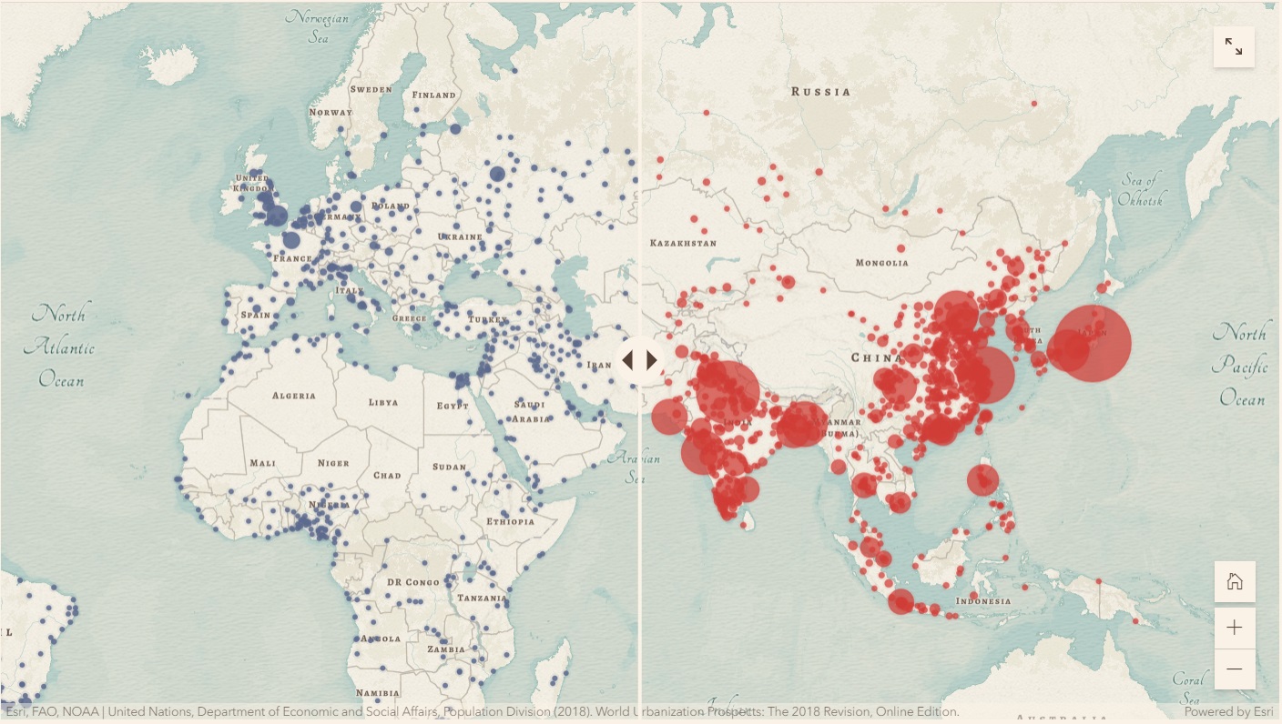 Beispiel für die Swipe-Funktion in ArcGIS StoryMaps mit blauer Punktdichtekarte auf der linken Seite und roter Punktdichtekarte auf der rechten Seite