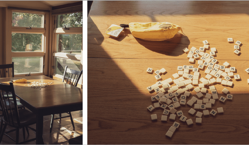 Un collage de dos fotos con una mesa de cocina vacía contra una ventana soleada a la izquierda y un juego de Scrabble sobre la mesa de la cocina a la derecha 