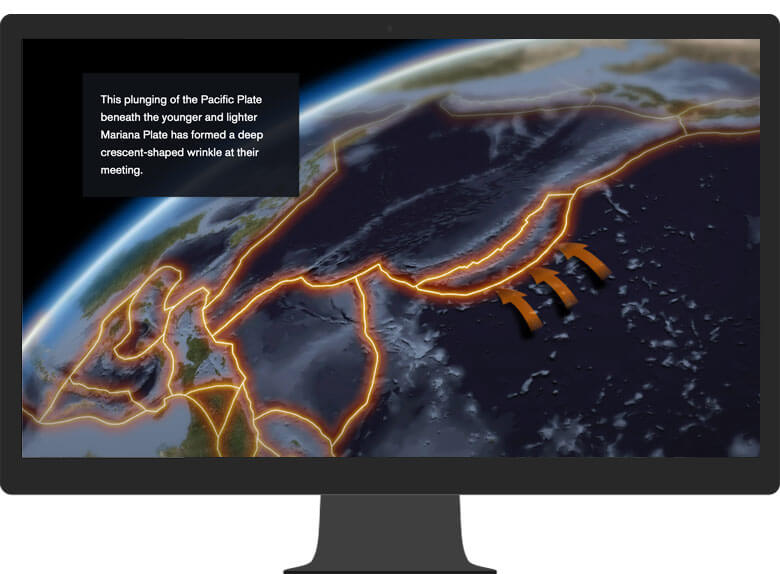 마리아나 해구와 관련된 ArcGIS StoryMaps 스토리를 보여주는 컴퓨터 모니터