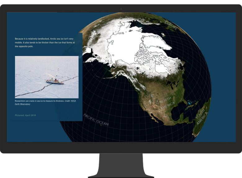 Um monitor de computador exibindo uma história do ArcGIS Story Map do gelo marinho e aquecimento do oceano