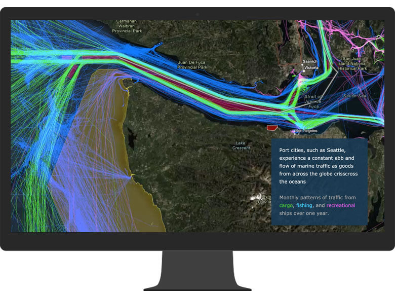 Un monitor de ordenador que muestra una historia de ArcGIS StoryMaps sobre la biodiversidad