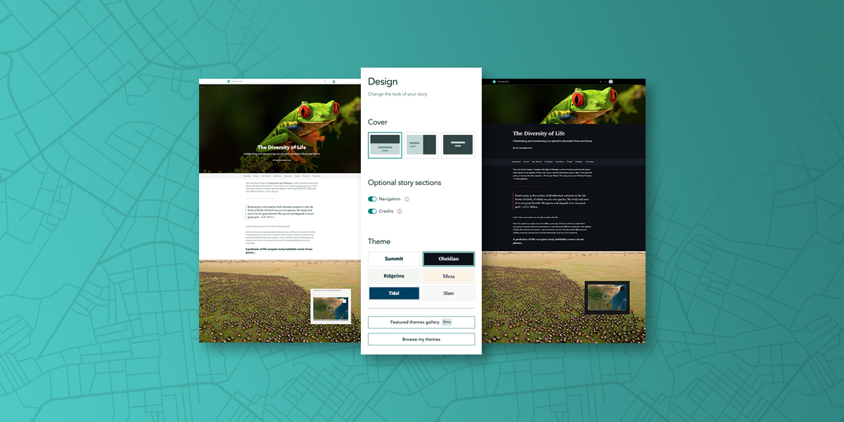 Веб-страница с изображением ярко-зеленой лягушки и текстом со встроенным белым всплывающим окном, представляющим меню дизайна 
