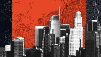 一张展示了建筑物的城市天际线数字渲染图，以及一张代表 ArcGIS StoryMaps 封面幻灯片的地图