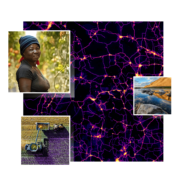 مجموعة صور تتضمن خريطة تُظهر مناطق تركز الطاقة وصور لبحيرة ضحلة وأراضٍ زراعية وشخص يبتسم
