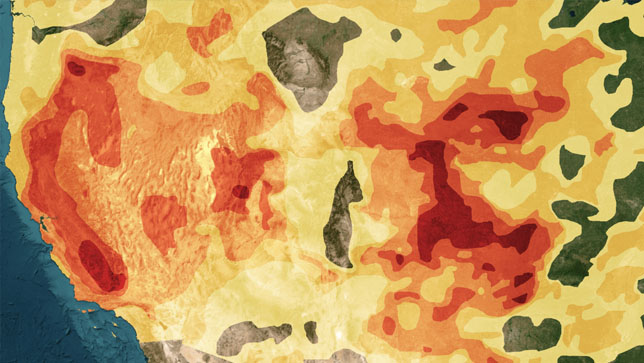 Mapa USA pokazująca warunki suszy i zapewniająca inteligentną geolokalizację miejsc, w których ludzie zostaną dotknięci przez suszę